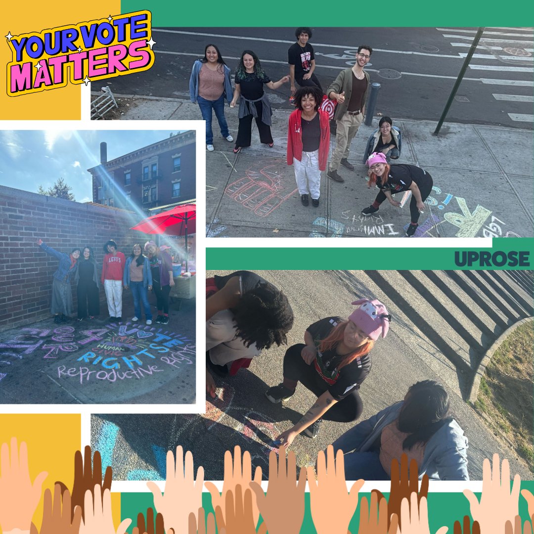 UPROSE's tweet image. Turning Sunset Park sidewalks into canvases for change! 🖍️✨From chalking for #GetOutTheVote to flyering for #OffshoreWind Open House, we’re out here building a resilient and united community. Offshore wind is paving the way for a green, just future in Sunset Park, BK! 🌻🌱