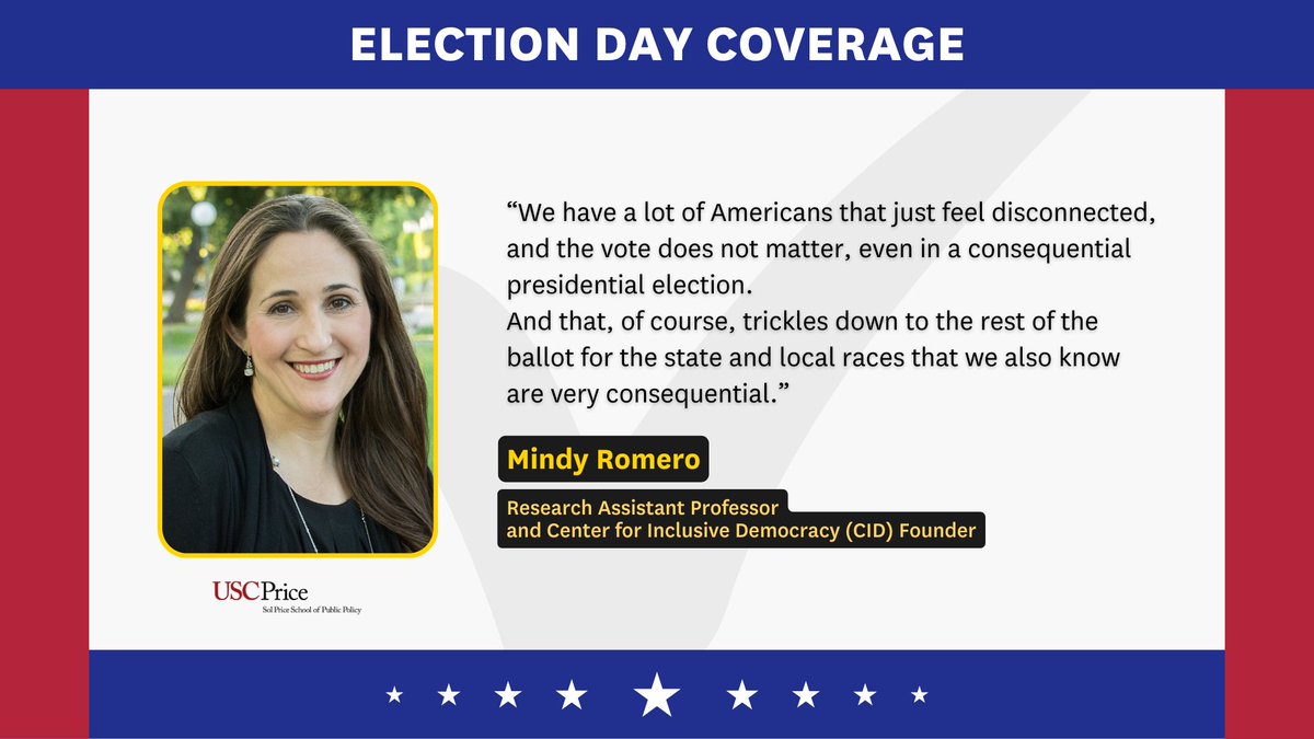 USC Price School (@uscprice) on Twitter photo .<a href="/MindySRomero/">Mindy Romero</a>, Director of <a href="/CID_USC/">USC Center for Inclusive Democracy</a> , discusses the importance of voter turn out this election with <a href="/kcalnews/">KCAL News</a>:
cbsnews.com/losangeles/vid… .<a href="/MindySRomero/">Mindy Romero</a>, Director of <a href="/CID_USC/">USC Center for Inclusive Democracy</a> , discusses the importance of voter turn out this election with <a href="/kcalnews/">KCAL News</a>:
cbsnews.com/losangeles/vid…
