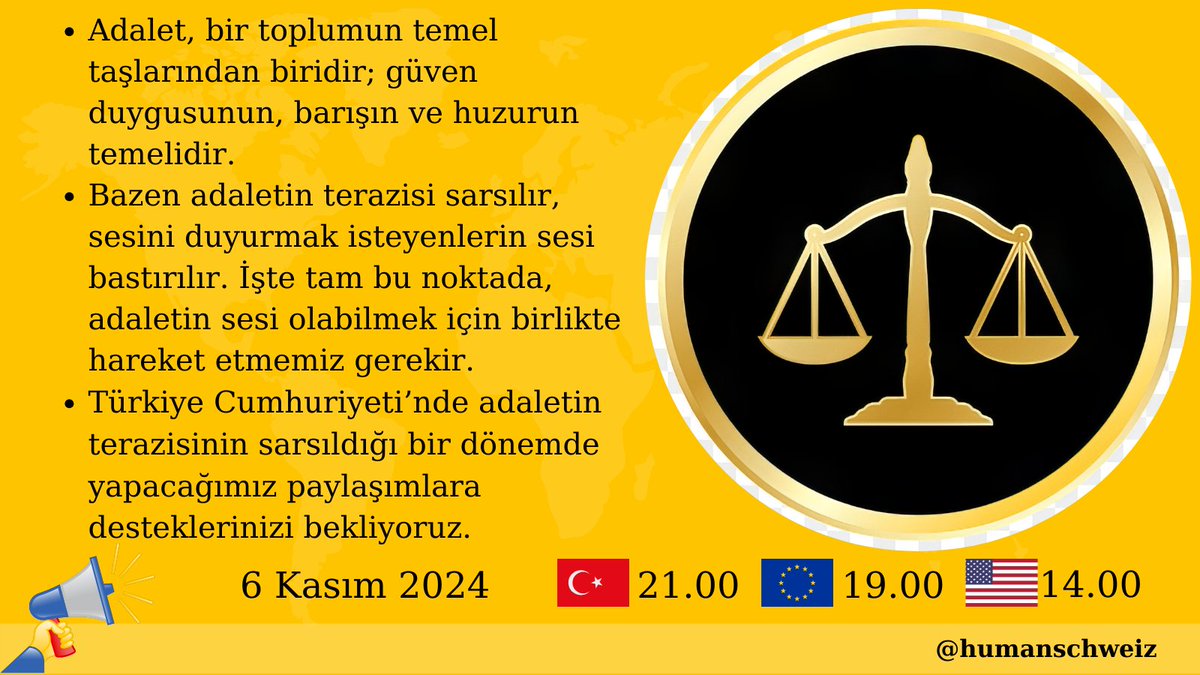 ETİKET DUYURUSU
✤ Adalet, bir toplumun temel taşlarından biridir; güven duygusunun, barışın ve huzurun temelidir.

✤ Türkiye Cumhuriyeti’nde adaletin terazisinin sarsıldığı bir dönemde, yapacağımız paylaşımlara desteklerinizi bekliyoruz.

06.11.2024
🇹🇷 21.00
🇪🇺 19.00
🇺🇸 14.00