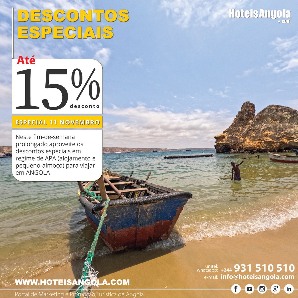 11 de Novembro
Algumas unidades hoteleiras têm preços especiais para este fim de semana prolongado.
No link abaixo pode acompanhar, avalie e reserve já seu alojamento.

Link: hoteisangola.com/destaques/prom…

#turismo #angola #11novembro #hotel #ferias #viagem #hoteisangola