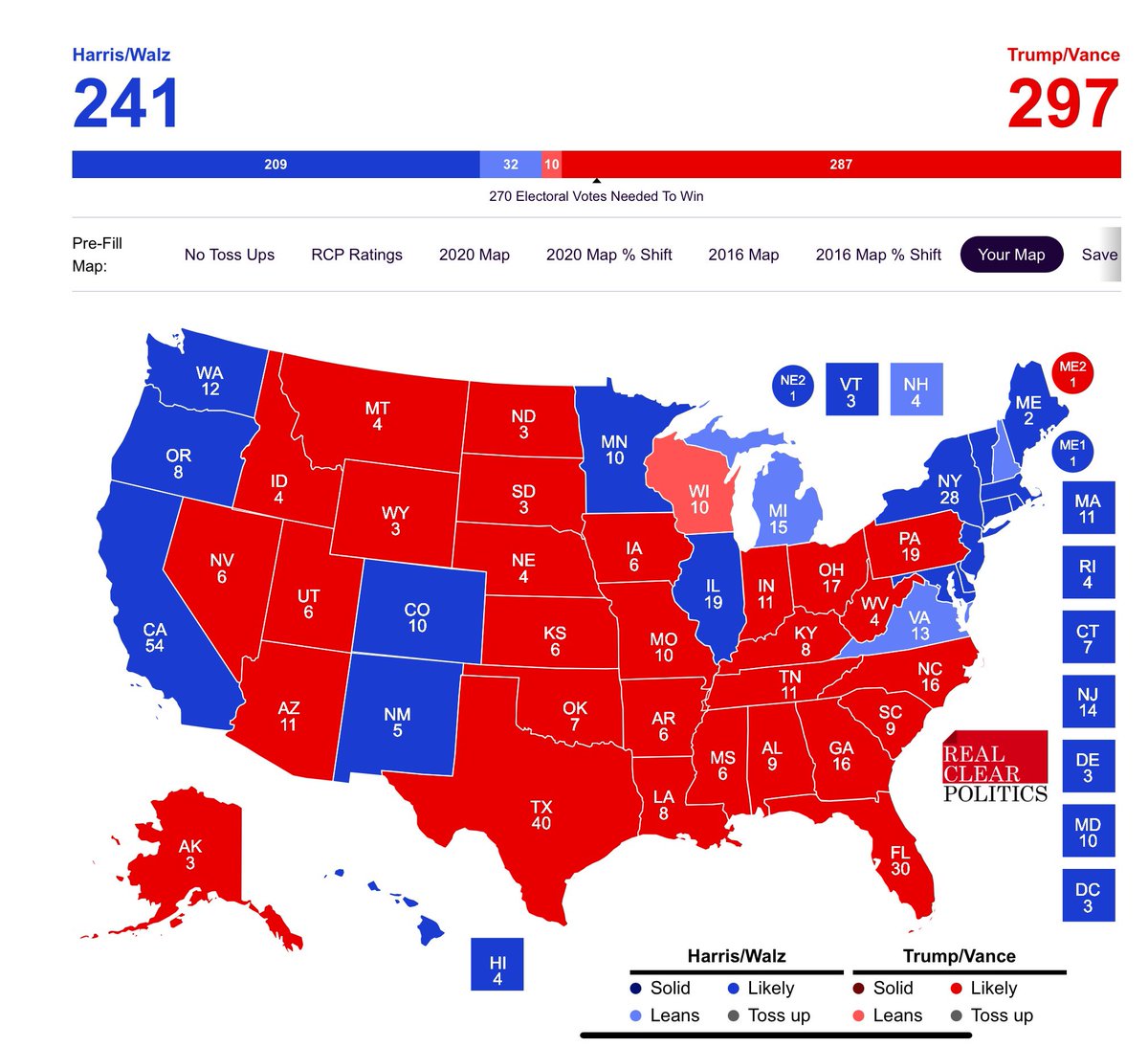 thecatwell's tweet photo. My best guess based on: average of polls, betting markets, right track/wrong track, incumbent approval rating. Trump 297. (And, yes, I think MI, NH, and VA are leaning - not solidly - Dem.) https://t.co/7bOidoMuH2
