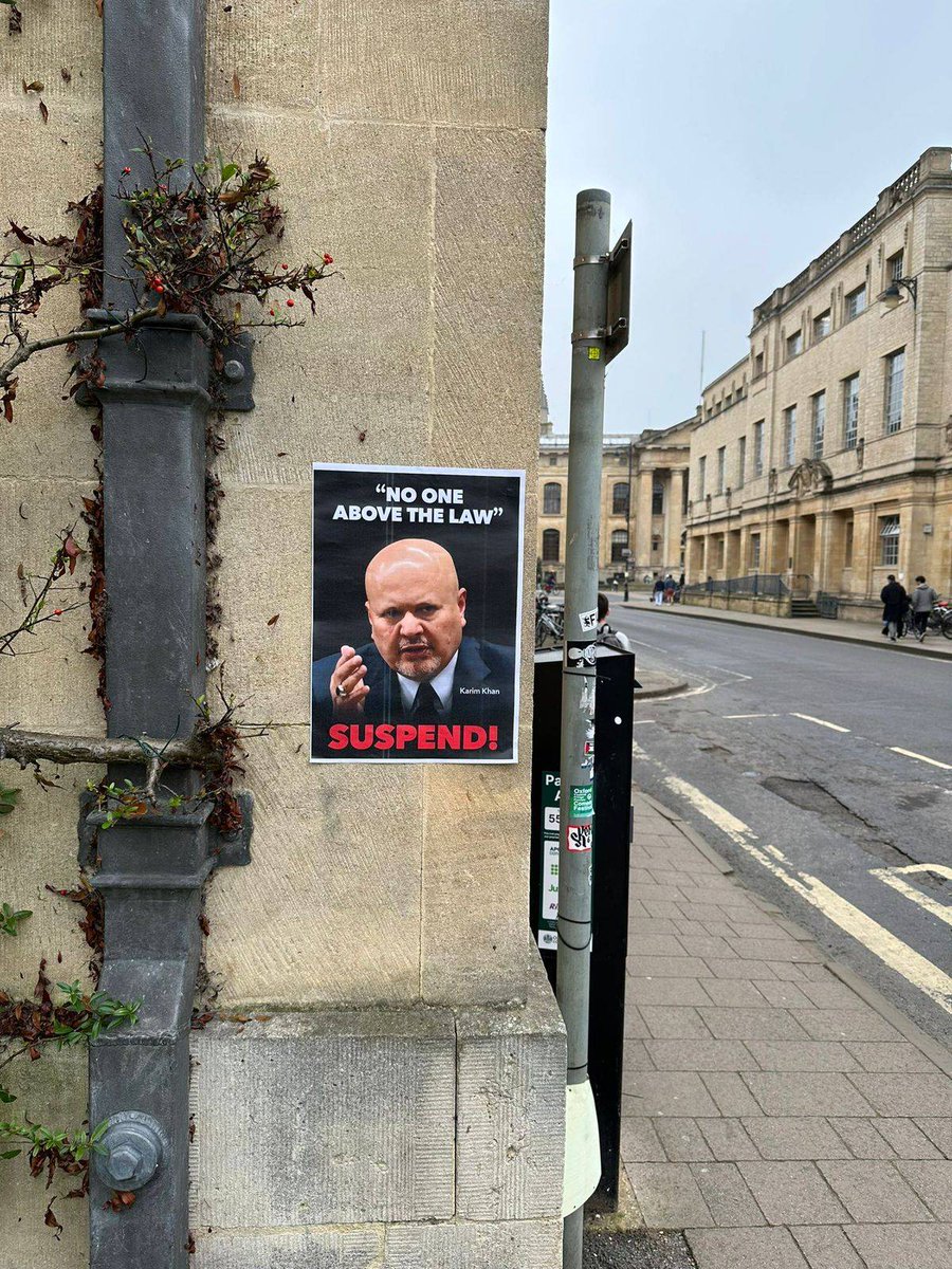 Someone sent me this poster on the wall near <a href="/TrinityOxford/">Trinity College</a>. I understand it is one of many.
Seems that people don't approve this surreal ironic lecture of <a href="/KarimKhanQC/">Karim A. A. Khan KC</a>  the predator.
I call again for people to come and protest on Thursday against this hypocrisy!
#ICC_Leaks