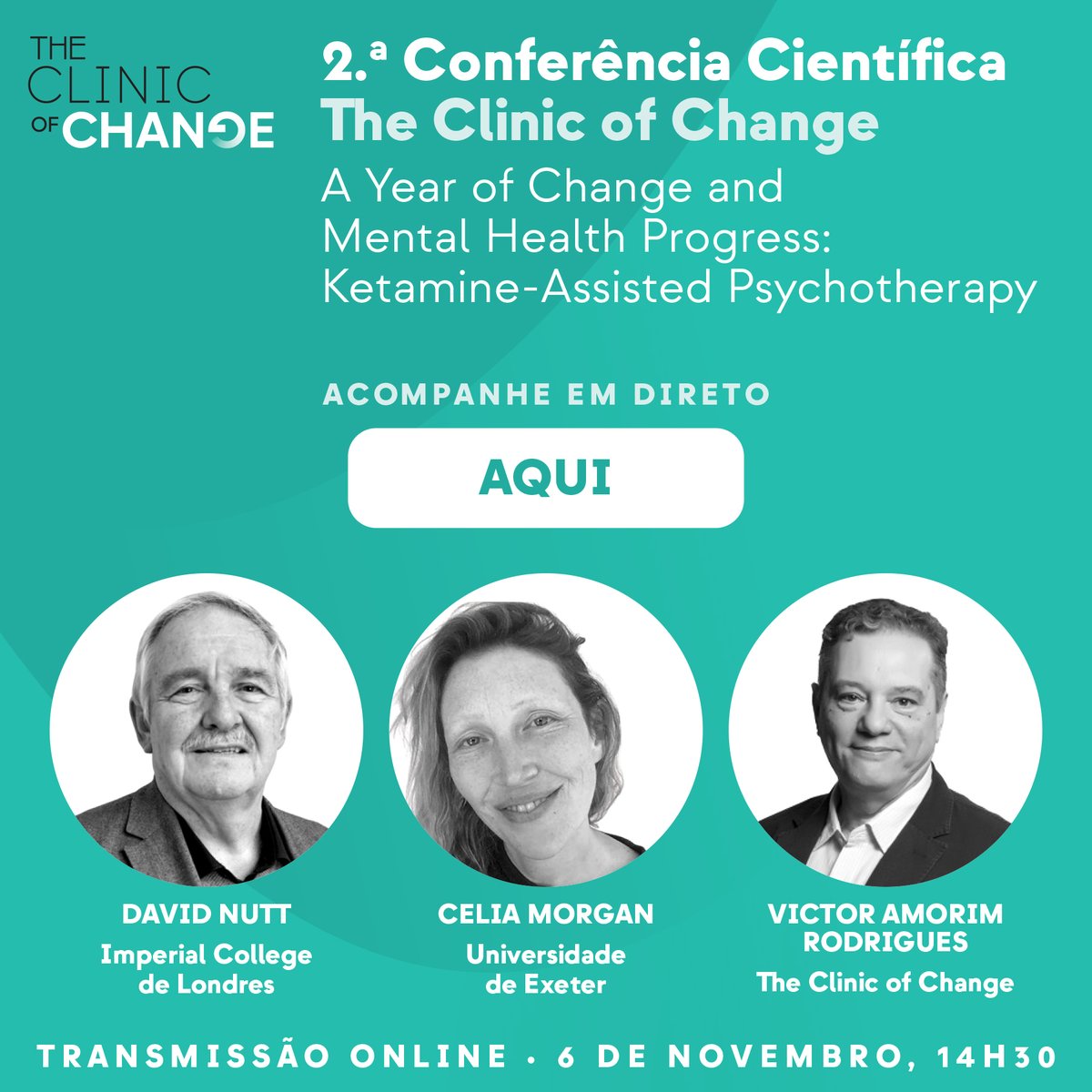 ClinicOfChange's tweet photo. Acontece hoje, 6/11, com lotação esgotada, a 2.ª Conferência Científica The Clinic of Change, com David Nutt (Imperial College), Celia Morgan (Universidade de Exeter) e Victor Amorim Rodrigues (The Clinic of Change).

Transmissão online em directo 14h30:  https://t.co/329hXkyv2T https://t.co/nIJIv3wftj