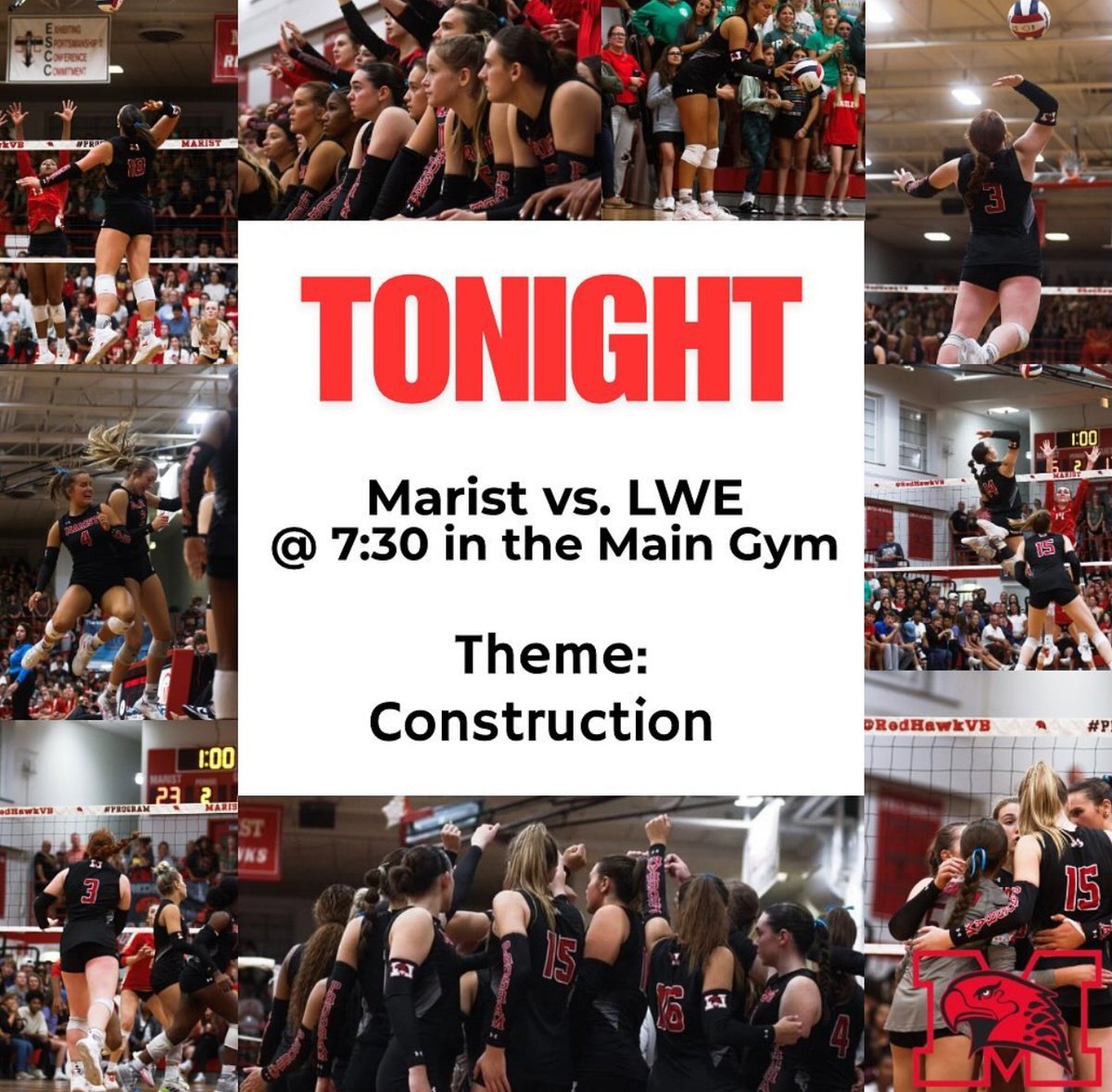 Calling all Rowdies! Come out and cheer on the Marist girls volleyball team in the Sectional Semi-Final vs. Lincoln Way East tonight at 7:30pm in the Marist Main Gym! Let's go, RedHawks!!