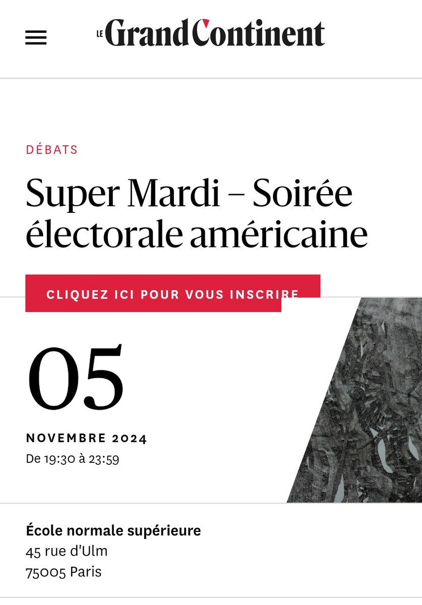THE place to be ce soir à Paris : la soirée électorale américaine au <a href="/Grand_Continent/">Le Grand Continent</a> avec son lineup de rockstars pour commenter les élections US: <a href="/celiabelin/">Célia Belin</a> <a href="/mathieugallard/">mathieu gallard</a> <a href="/GillesGressani/">Gilles Gressani</a> <a href="/pierrehaski/">pierre haski</a> <a href="/SylvieKauffmann/">Sylvie Kauffmann</a> @gesine_weber @Shahinvallee <a href="/tara_varma/">Tara_Varma</a> et tant d'autres