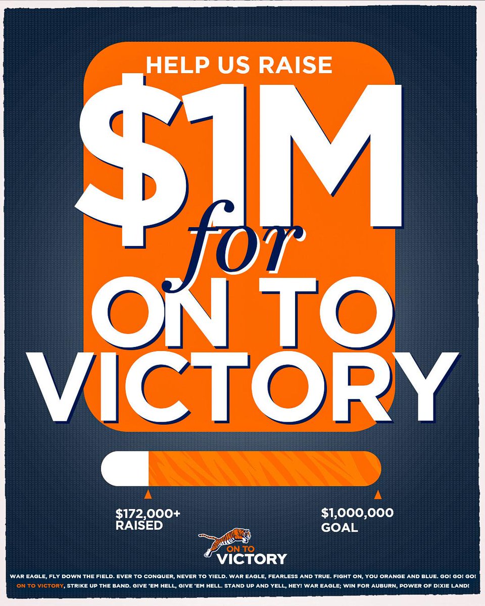 Auburn Family: Support Auburn athletes like me and make your impact go 3X further! 🦅A donor will match your On To Victory subscription 3:1. Your $204 = $816 in support! We're at $172,026. Help us hit $1M by Dec 20! shorturl.at/RbB6x