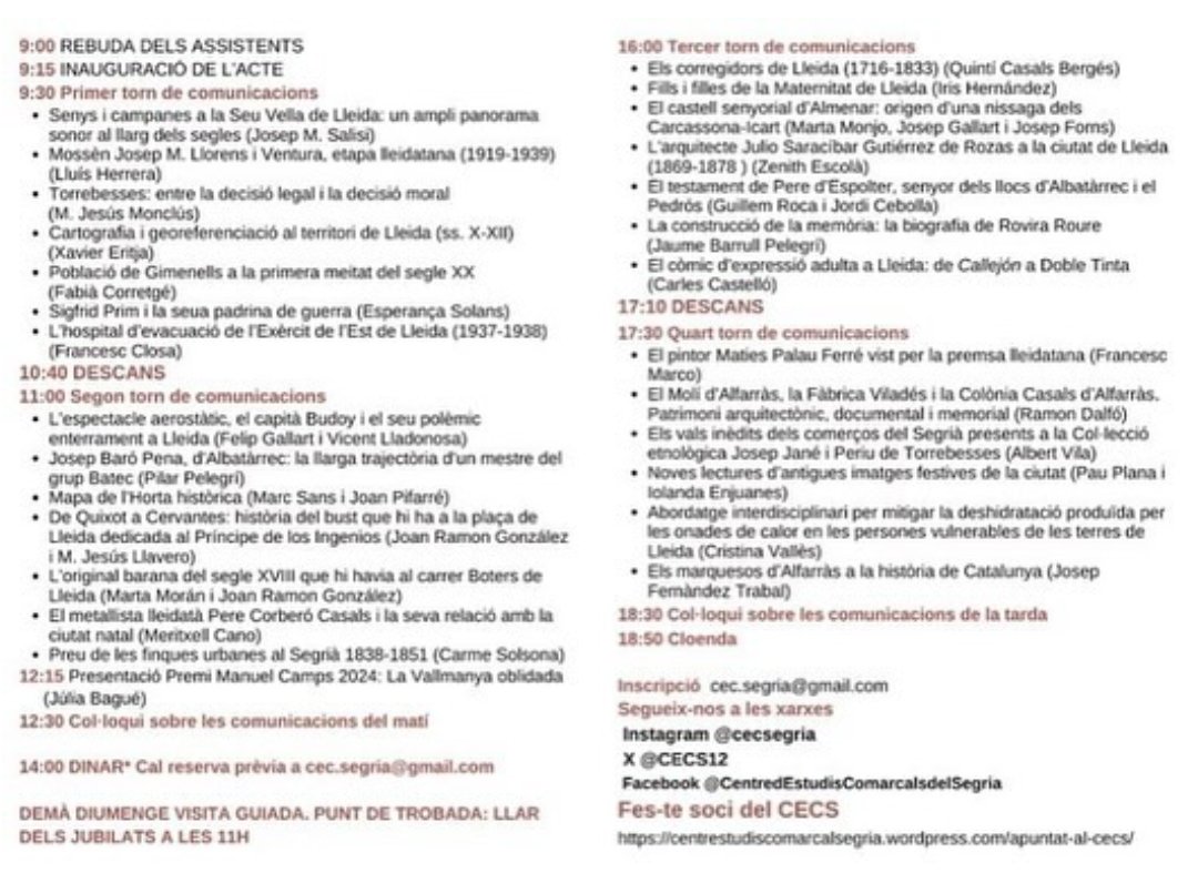 Àgora Albatàrrec (@aalbatarrec) on Twitter photo 📜JORNADES SOBRE: SOCIETAT, CULTURA, PATRIMONI I MEDI NATURAL📜
📅 16 de novembre de 2024
📍Llar de Jubilats
⏱️ 9h-14h i de 16h- 19.30h
@cecsegria
@ajuntament_albatarrec
@agoraalbatarrec
<a href="/diputaciolleida/">Diputació de Lleida</a>
<a href="/ieilleida/">INSTITUT D'ESTUDIS ILERDENCS</a>
@iramuntaner 📜JORNADES SOBRE: SOCIETAT, CULTURA, PATRIMONI I MEDI NATURAL📜
📅 16 de novembre de 2024
📍Llar de Jubilats
⏱️ 9h-14h i de 16h- 19.30h
@cecsegria
@ajuntament_albatarrec
@agoraalbatarrec
<a href="/diputaciolleida/">Diputació de Lleida</a>
<a href="/ieilleida/">INSTITUT D'ESTUDIS ILERDENCS</a>
@iramuntaner