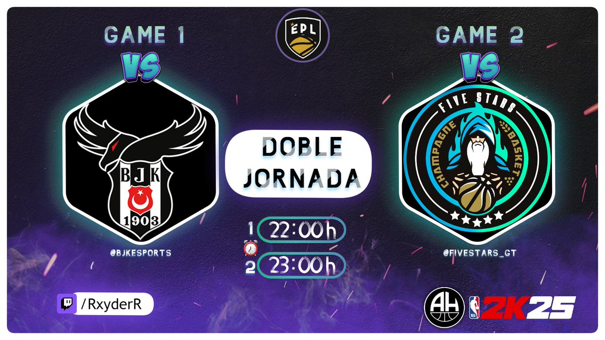 #NBA2K25 | Game Day🏀 

¡Doble Jornada!  
Contra 2 Equipos TOP en la Liga🏆<a href="/EPLorg/">European Pro-Am League</a>

⏰22:00                                 ⏰23:00
🆚<a href="/BJKesports/">Beşiktaş Esports</a>                  🆚<a href="/FiveStars_GT/">CHAMPAGNE FIVE STARS 💫</a>

            👇🏽           👇🏽
📺Twitch.tv/RxyderR         #WeAreHungry😈