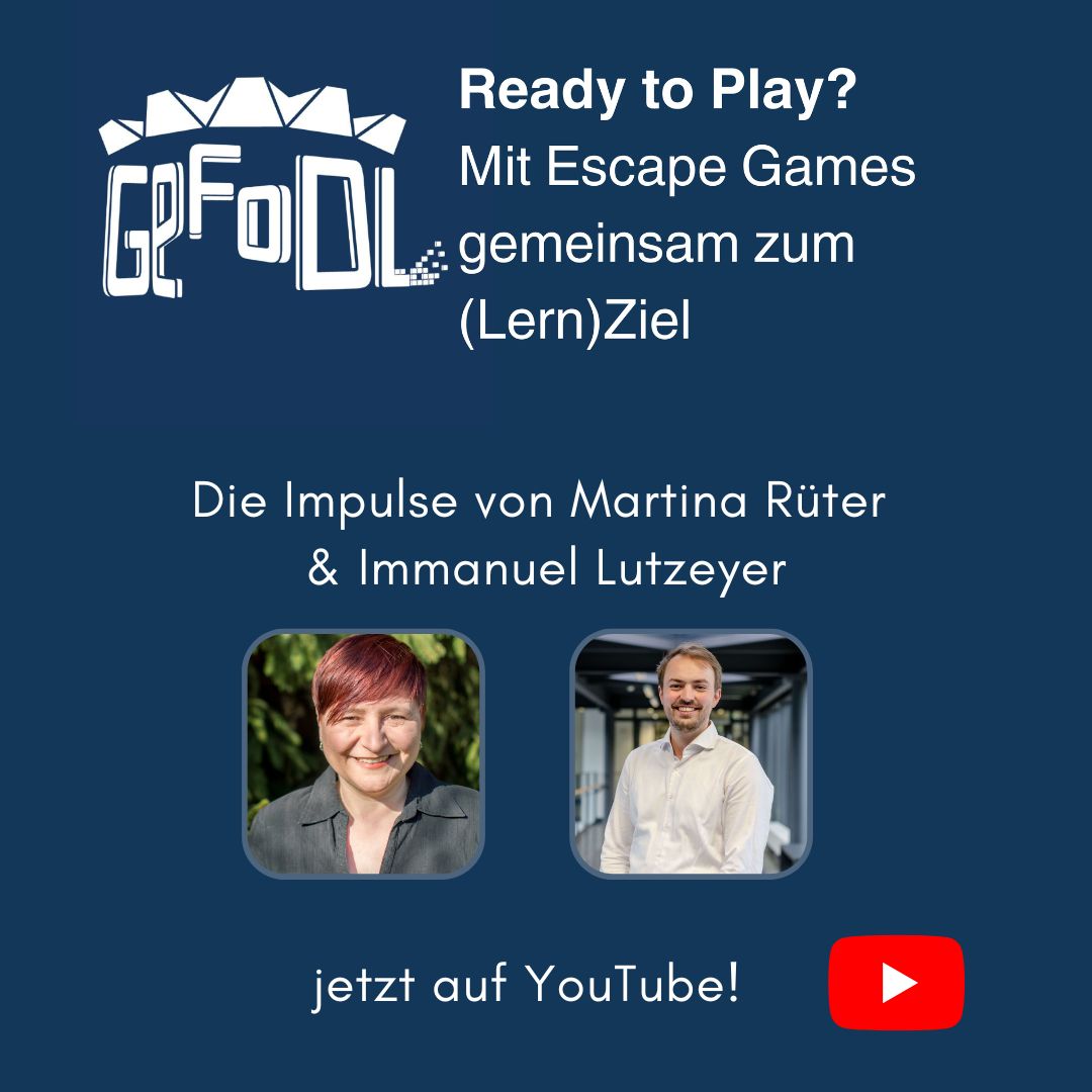 🎥 Jetzt auf YouTube:
Die Impulse zu „Ready to play? Gemeinsam zum (Lern)Ziel mit Escape Games!“ mit Martina Rüter &amp; Immanuel Lutzeyer sind jetzt online! 🧠🔑
Entdecken Sie, wie Escape Games in der Lehre eingesetzt werden können. 🎓youtube.com/@gesprachsforu…