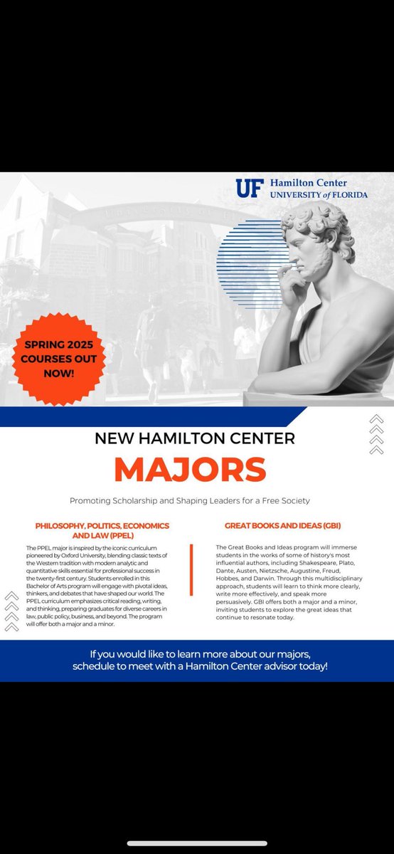 ufhamilton's tweet photo. In case you missed it!
The Hamilton Center is launching TWO new majors starting in Fall 2025! 🎓
Meet with a Hamilton Center advisor today to learn more!
Book your appointment here: https://t.co/82fOT55ewo
#NewMajors #UF #HamiltonCenter #Spring2025 @UF https://t.co/VrEF5EpzFE