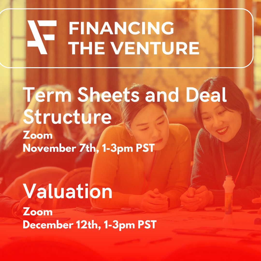 Founders (and investors)! Join us for the following workshops:

Nov. 7 - 1-3pm PST Term Sheets and Deal Structure - Online

Dec. 12 - 1-3pm PST Valuation - Online

Register for individual workshops here: bit.ly/4hAvmsT