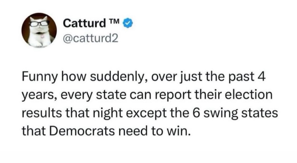 patriottakes's tweet photo. Other states get called early because, at a certain point, sometimes quickly, it becomes mathematically improbable for the result to change.

Swing states being swing states are closer so it can take longer to arrive at the outcome.

This isn’t hard to understand. https://t.co/PQDx6XBNdo