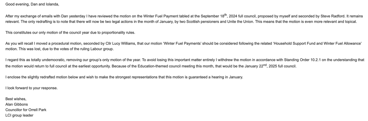 mygibbo's tweet photo. In September the ruling Labour group bureaucratically forced our motion on the cruel Winter Fuel Payment off the full council agenda.
I have written to @lpoolcouncil to argue that it must be heard at the January full council.
Liverpool Labour must not silence scrutiny. https://t.co/uqol7CSocz