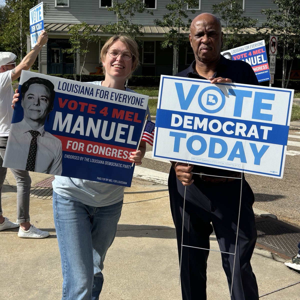 Our Chair Randal Gaines and 1st Vice Chair <a href="/katie4louisiana/">Katie Darling</a> getting out the vote today! #GeauxVote #VoteBlue 💙