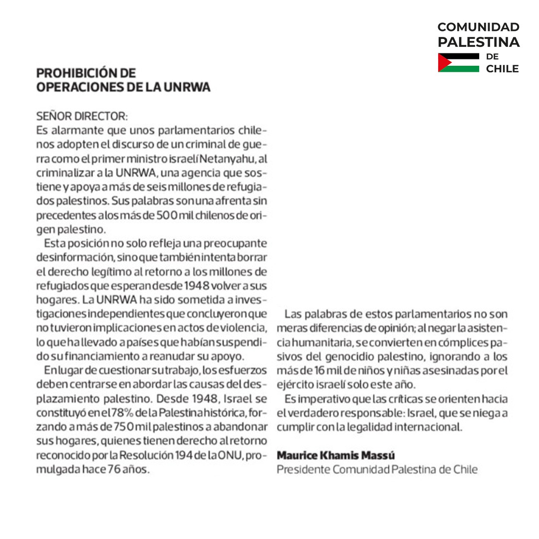 En un intercambio de Cartas al Director, cuatro Diputados del grupo de amistad chileno-palestino escribieron sobre la prohibición de operaciones de la UNRWA por parte de Israel. Ante esto, Diputados integrantes del grupo de amistad chileno-israelí, Miguel Ángel Calisto, Roberto