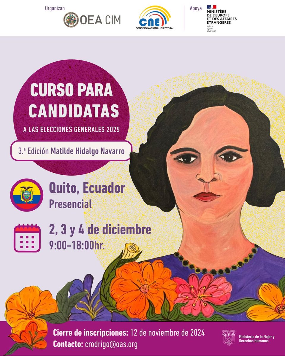IMPORTANTE 🗳️♀️

El 2⃣ de diciembre inicia el Curso “Matilde Hidalgo Navarro”, una iniciativa que la realizamos junto a la <a href="/CIMOEA/">Comisión Interamericana de Mujeres (CIM)</a> y la <a href="/EscuelaOEA/">Escuela de Gobierno OEA</a>.

📍 El encuentro está dirigido a candidatas mujeres inscritas para participar en las #Elecciones2025Ec. 🇪🇨

📝 Inscríbete hasta el