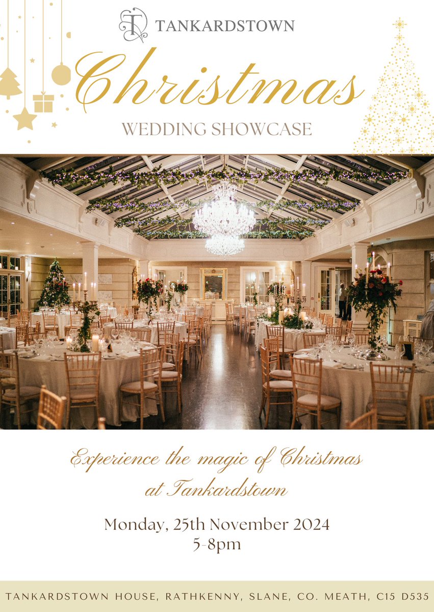 Tankardstown House (@tankardstown) on Twitter photo Experience the magic of a Christmas Wedding at Tankardstown House at our Showcase on 25th November, 5-8pm. ✨
The event is by appointment only. Please email weddings@tankardstown.ie to attend. ✨
#TankardstownHouse #WinterWedding #WeddingShowcase #WeddingsOnline #OneFabDay Experience the magic of a Christmas Wedding at Tankardstown House at our Showcase on 25th November, 5-8pm. ✨
The event is by appointment only. Please email weddings@tankardstown.ie to attend. ✨
#TankardstownHouse #WinterWedding #WeddingShowcase #WeddingsOnline #OneFabDay