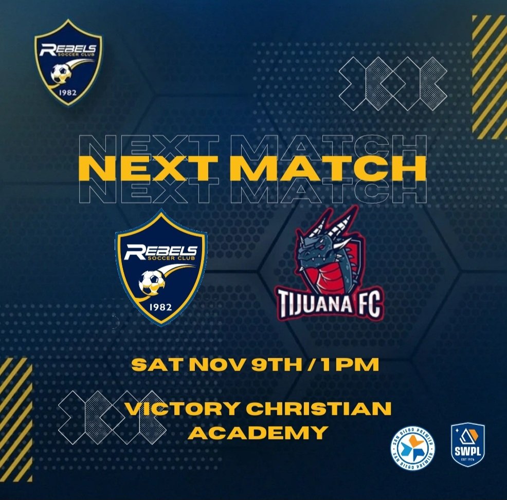 Rebelsscadult's tweet image. Our Rebels SC @SDPLsoccer team will return to action this Saturday. 
Come out and support your team.

🗓 Saturday, November 9th, 2024
🆚 Tijuana FC
🏫 Victory Christian Academy 
🕖 1:00 PM
🖥 TBD

#RebelsSC #SupportLocalSoccer #ProRel #prorelforusa #SouthwestPremierLeague