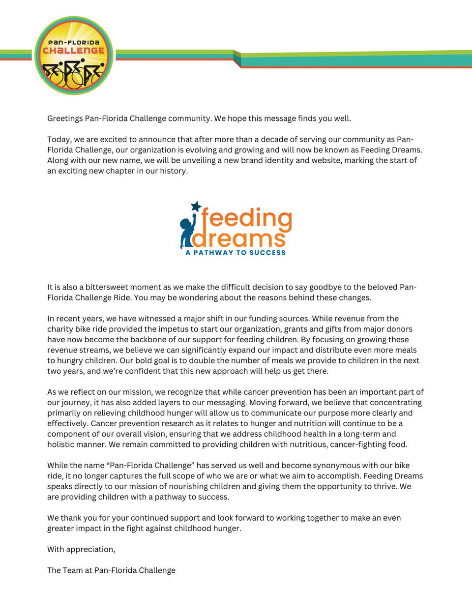 PanFLChallenge's tweet image. Pan-Florida Challenge is now…Feeding Dreams!
After 10 years as Pan-Florida Challenge, this exciting change in name and visual branding reflects our growth as an organization and strengthened commitment to feed chronically hungry children across Florida. Read more.👇