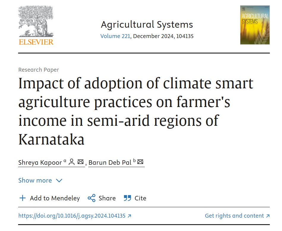 IFPRI's tweet photo. #NowReading Impact of adoption of climate smart agriculture practices on farmer's income in semi-arid regions of Karnataka.

✍️ By Shreya Kapoor and @BarunDebPal1

#OpenAccess 🖱️ https://t.co/eUAkym9MUX

@IFPRISAO #ClimateSmartAgriculture #India https://t.co/f43uqr4lLU