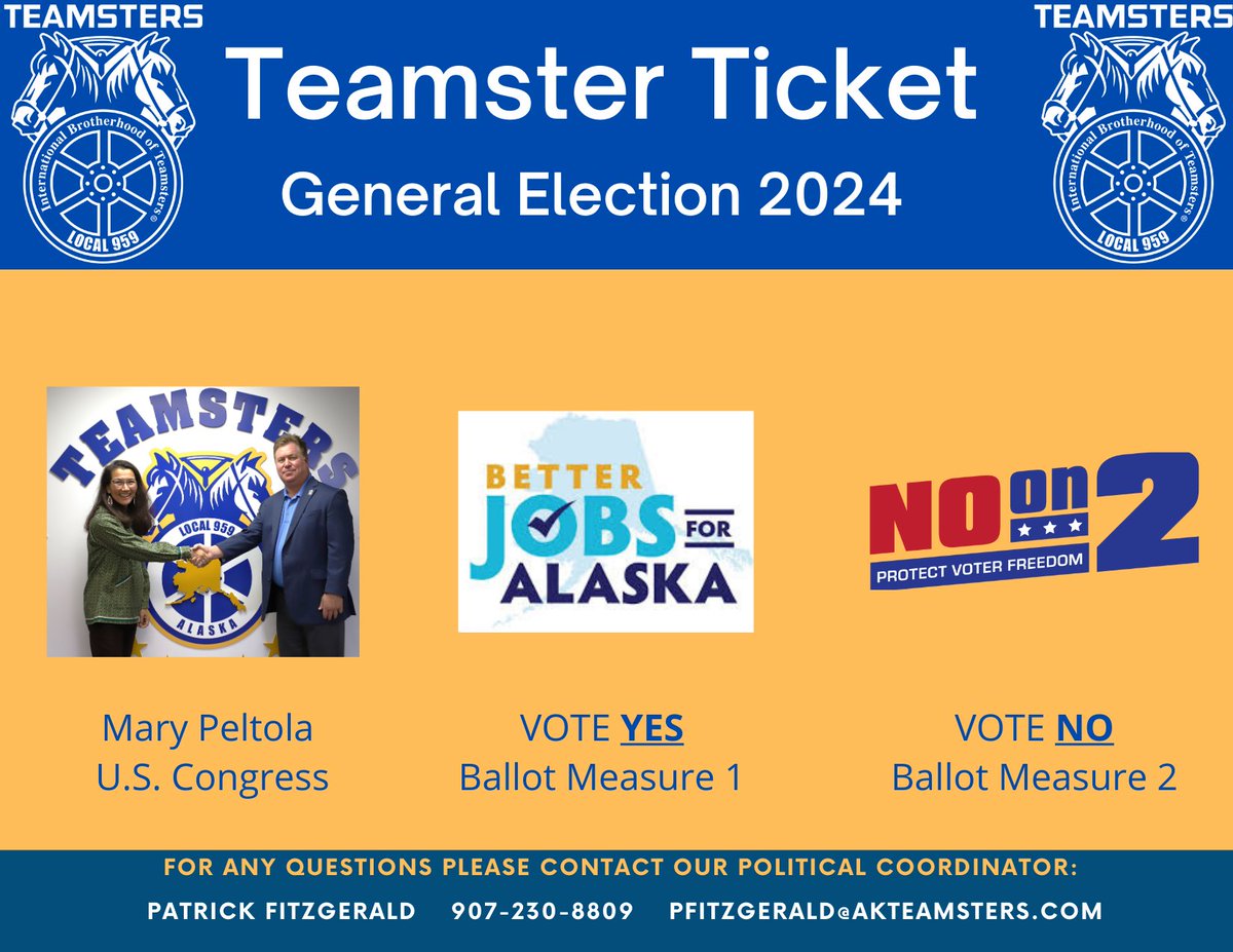 Local_959's tweet image. 🗳It’s #ElectionDay! Get out &amp;amp; #VOTE! Support #ProLabor candidates &amp;amp; ballot initiatives to help the future of #Alaska &amp;amp; provide for working families! Contact #TeamstersLocal959 Political Coordinator Patrick FitzGerald - pfitzgerlad@akteamsters.com / 907-230-8809 with questions.