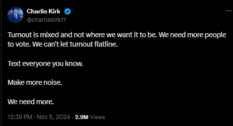 ErinInTheMorn's tweet photo. Charlie Kirk's TP Action partnered with Elon Musk to get out the vote.

Now, we get this message from Charlie Kirk.

Maybe they should just spend more money on anti-trans ads, I'm sure that'll do the trick. https://t.co/oJlRSRdDuC