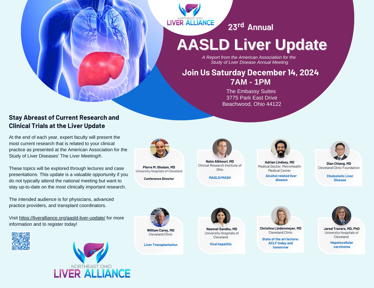 Pierre Gholam (@pgholam) on Twitter photo Not planning to attend <a href="/AASLDtweets/">AASLD</a> #TLM24 ?
Join <a href="/OHIOLIVER/">Northeast Ohio Liver Alliance</a> for our annual liver meeting update. Speakers include <a href="/aderlinder/">Adrian Seth Lindsey</a> <a href="/metrohealthCLE/">MetroHealth</a> and a special state of the art lecture on #ACLF by <a href="/CLindenmeyerMD/">Christina Lindenmeyer</a> <a href="/ClevelandClinic/">Cleveland Clinic</a>
#livertwitter Not planning to attend <a href="/AASLDtweets/">AASLD</a> #TLM24 ?
Join <a href="/OHIOLIVER/">Northeast Ohio Liver Alliance</a> for our annual liver meeting update. Speakers include <a href="/aderlinder/">Adrian Seth Lindsey</a> <a href="/metrohealthCLE/">MetroHealth</a> and a special state of the art lecture on #ACLF by <a href="/CLindenmeyerMD/">Christina Lindenmeyer</a> <a href="/ClevelandClinic/">Cleveland Clinic</a>
#livertwitter