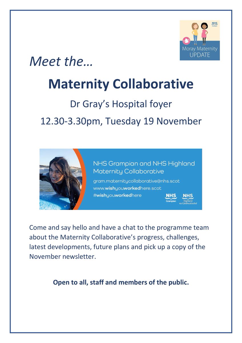 Dr Gray's Hospital (@drgrays_elgin) on Twitter photo 👶✨ Meet the Maternity Collaborative! ✨👶
Curious about the latest in maternity services? Join us at Dr Gray’s Hospital foyer on Tues 19 Nov from 12:30pm to 3:30pm, to chat with the <a href="/NHSGrampian/">NHS Grampian</a> & <a href="/NHSHighland/">NHS Highland</a> Maternity Collaborative team!
#WishYouWorkedHere <a href="/HSCMoray/">HSCMoray</a> 👶✨ Meet the Maternity Collaborative! ✨👶
Curious about the latest in maternity services? Join us at Dr Gray’s Hospital foyer on Tues 19 Nov from 12:30pm to 3:30pm, to chat with the <a href="/NHSGrampian/">NHS Grampian</a> & <a href="/NHSHighland/">NHS Highland</a> Maternity Collaborative team!
#WishYouWorkedHere <a href="/HSCMoray/">HSCMoray</a>