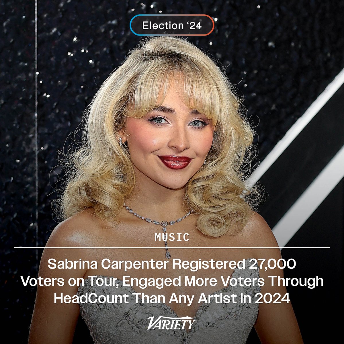 She leaves quite the impression... ⁠ 

Sabrina Carpenter has engaged more voters through HeadCount than any other artist in 2024, registering over 27,000 new voters and engaging over 183,000 voters through giveaways, in-person activations and video boards on her “Short n’ Sweet”