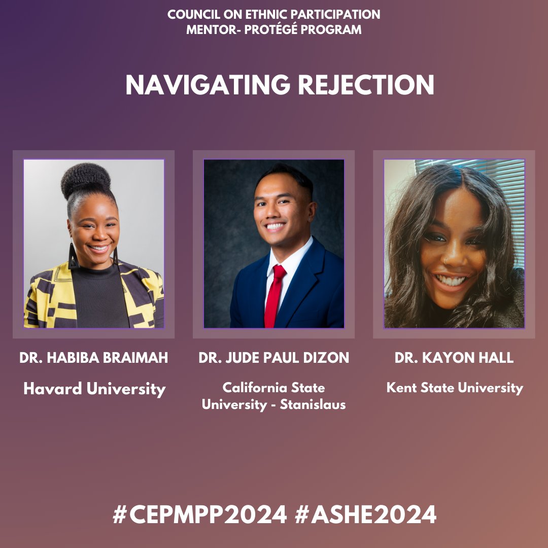 ASHE CEP_MPP (@cep_mpp) on Twitter photo Rejection in the academy is real! And we want to talk about it!
Join Drs. Braimah, <a href="/jpmdizon/">Jude the sometimes obscure</a>, and @Kayon_hall on Friday for a discussion about navigating the realities of rejection and being resilient on your academic journey!
#CEPMPP2024 #ASHE2024 Rejection in the academy is real! And we want to talk about it!
Join Drs. Braimah, <a href="/jpmdizon/">Jude the sometimes obscure</a>, and @Kayon_hall on Friday for a discussion about navigating the realities of rejection and being resilient on your academic journey!
#CEPMPP2024 #ASHE2024