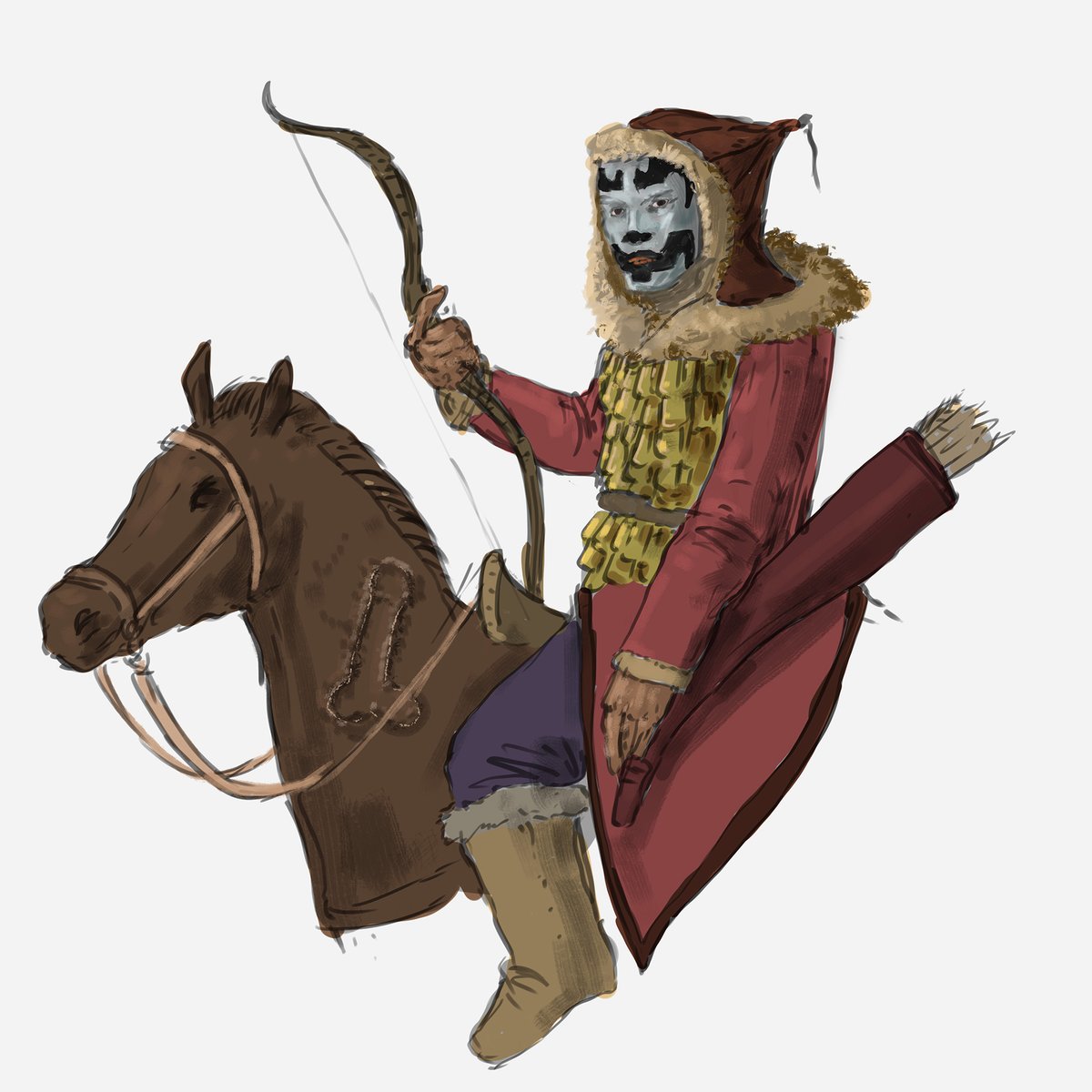 johnmustache's tweet image. On recent episode of @lions_by the crew spent like half the episode riffing on the Huns as Juggalos so I had to whip this up. I&apos;m afraid it came out more ominous and unsettling than whimsical. The dick shaved into the horse makes it worse, I think