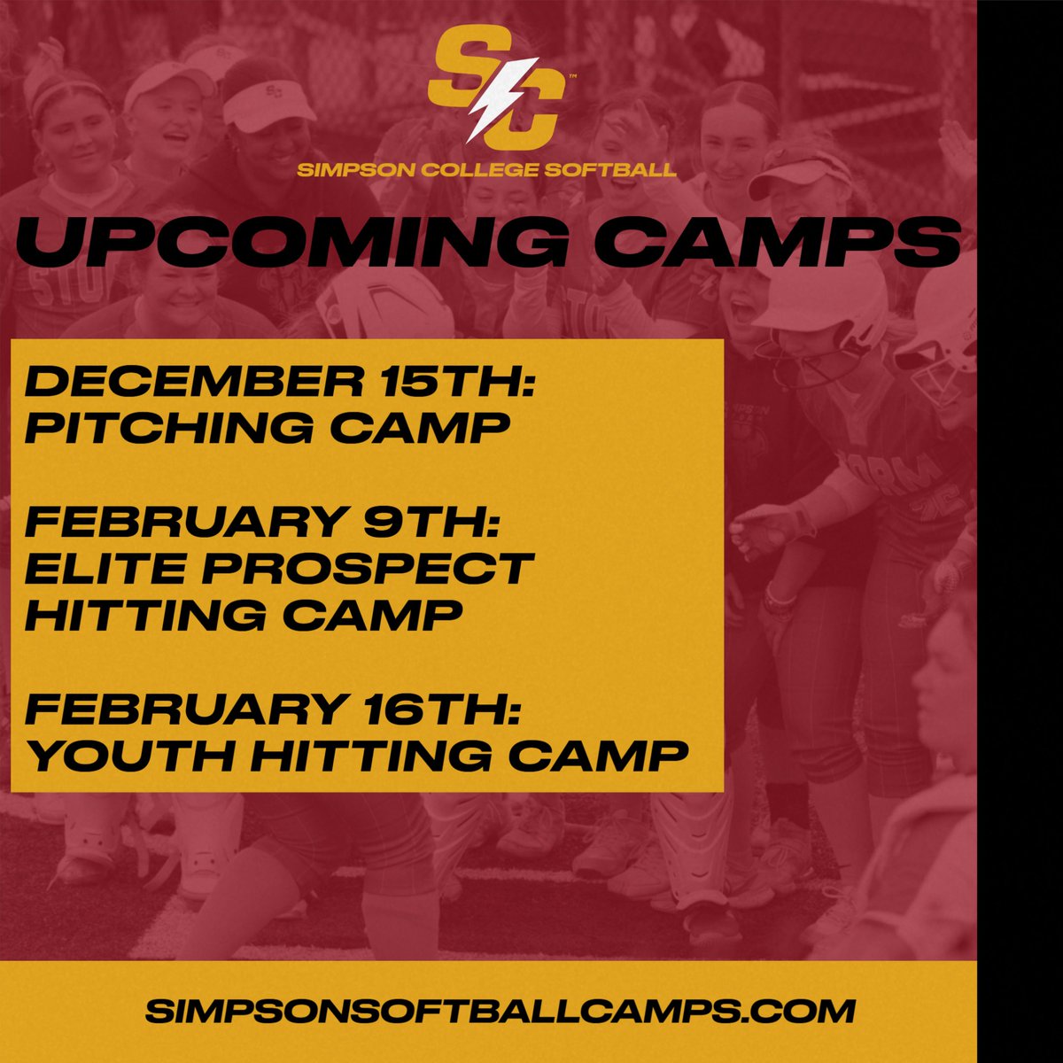 Upcoming Simpson Softball Camps to mark on your calendar! More information on our website!
simpsonsoftballcamps.com