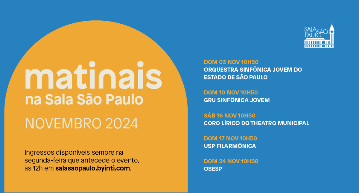 Orquestra Sinfônica do Estado de São Paulo – Osesp (@osesp) on Twitter photo Em novembro, você terá cinco oportunidades para aproveitar as manhãs na #SalaSãoPaulo. 
Confira a programação dos Concertos Matinais deste mês: Em novembro, você terá cinco oportunidades para aproveitar as manhãs na #SalaSãoPaulo. 
Confira a programação dos Concertos Matinais deste mês: