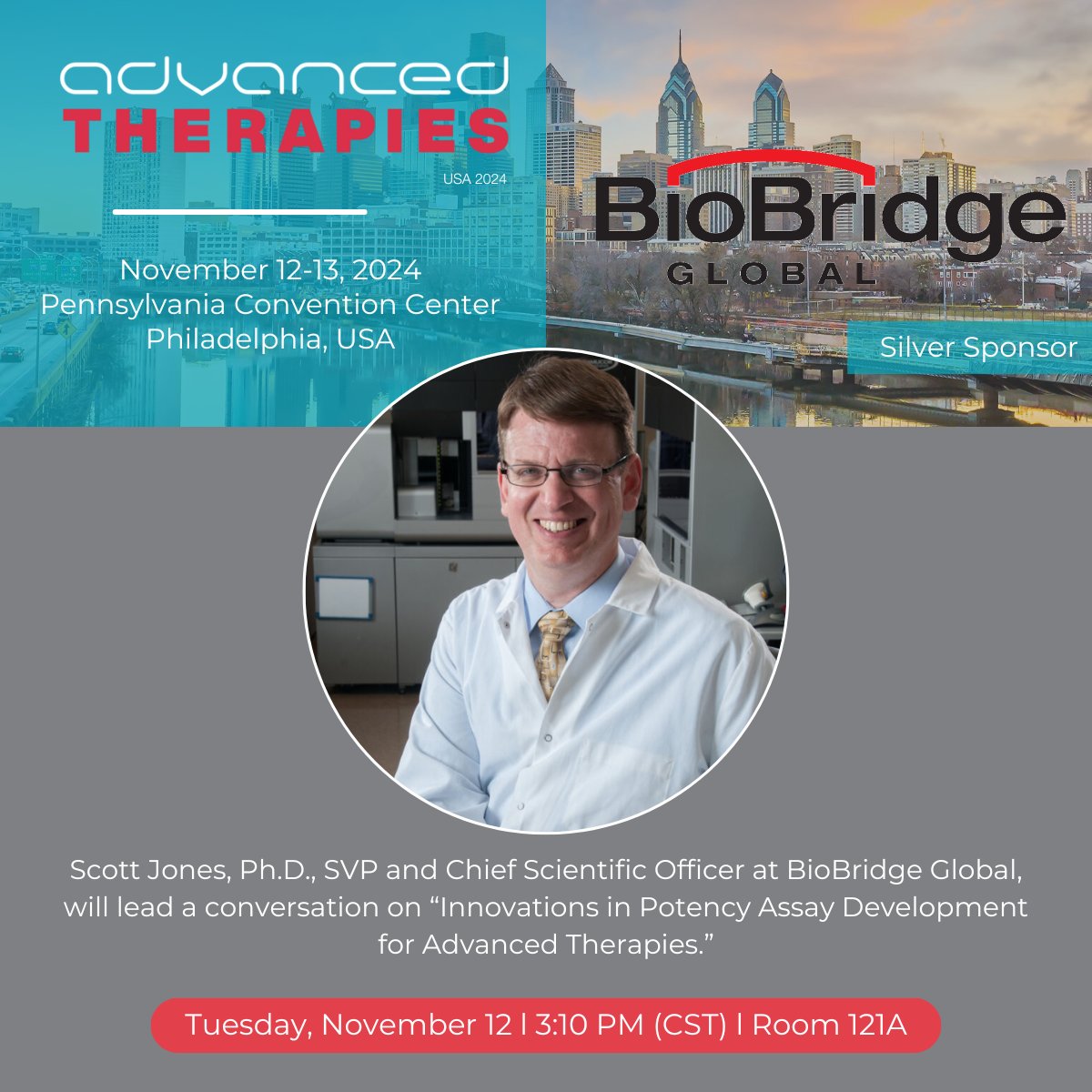 BioBridge Global (@biobridgeglobal) on Twitter photo Join us for an engaging conversation with Scott Jones, Ph.D., SVP and Chief Scientific Officer <a href="/biobridgeglobal/">BioBridge Global</a>. He will present on “Innovations in Potency Assay Development for Advanced Therapies” on Tues., Nov. 12th, at 3:10pm, during the #adtherapiesUSA 2024 conference. Join us for an engaging conversation with Scott Jones, Ph.D., SVP and Chief Scientific Officer <a href="/biobridgeglobal/">BioBridge Global</a>. He will present on “Innovations in Potency Assay Development for Advanced Therapies” on Tues., Nov. 12th, at 3:10pm, during the #adtherapiesUSA 2024 conference.