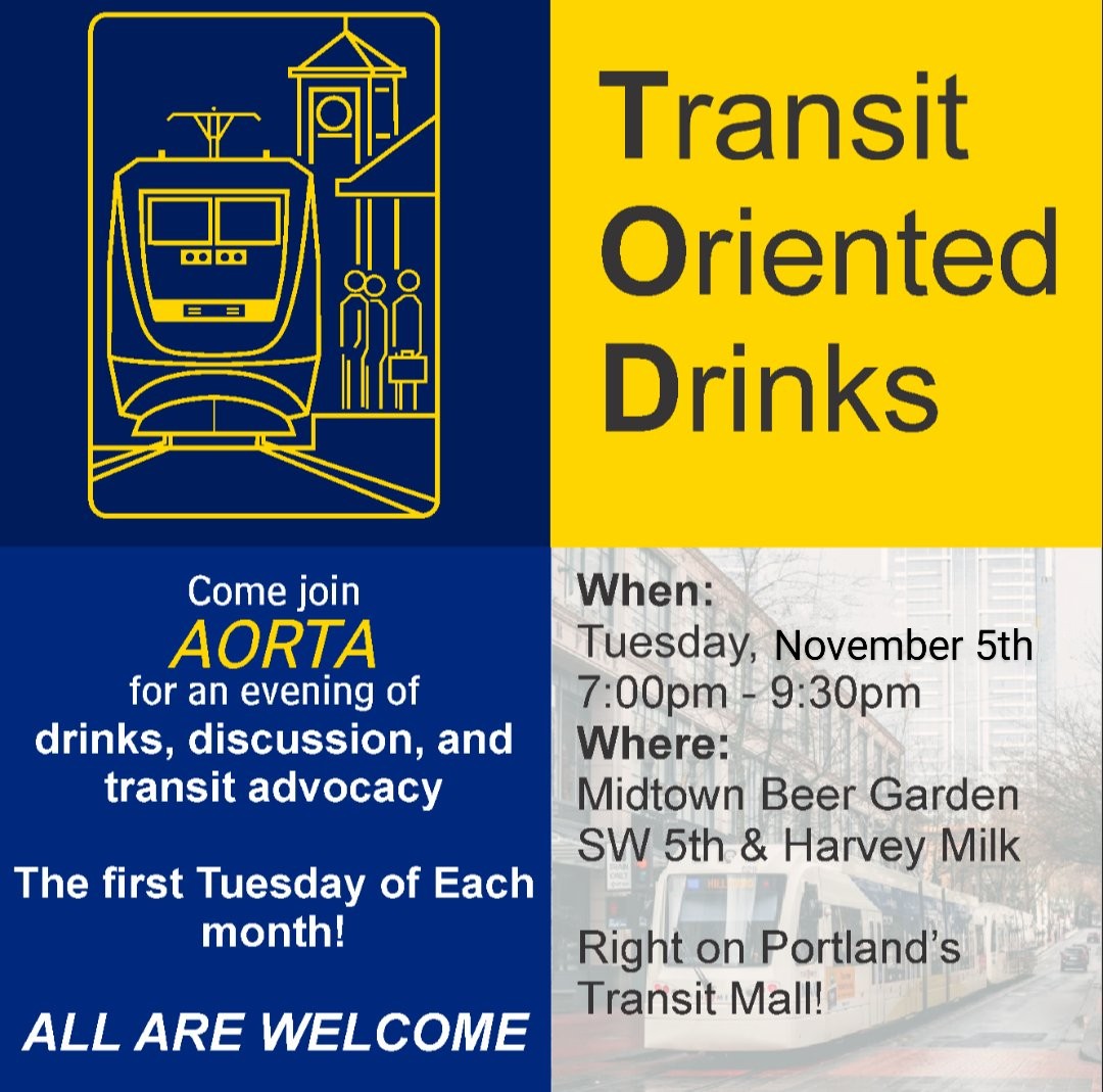 AORTA_Transit's tweet photo. Happy election day! Join us tonight for our monthly Portland TOD: Transit Orientated Drinks https://t.co/uGwyQ8jQoH