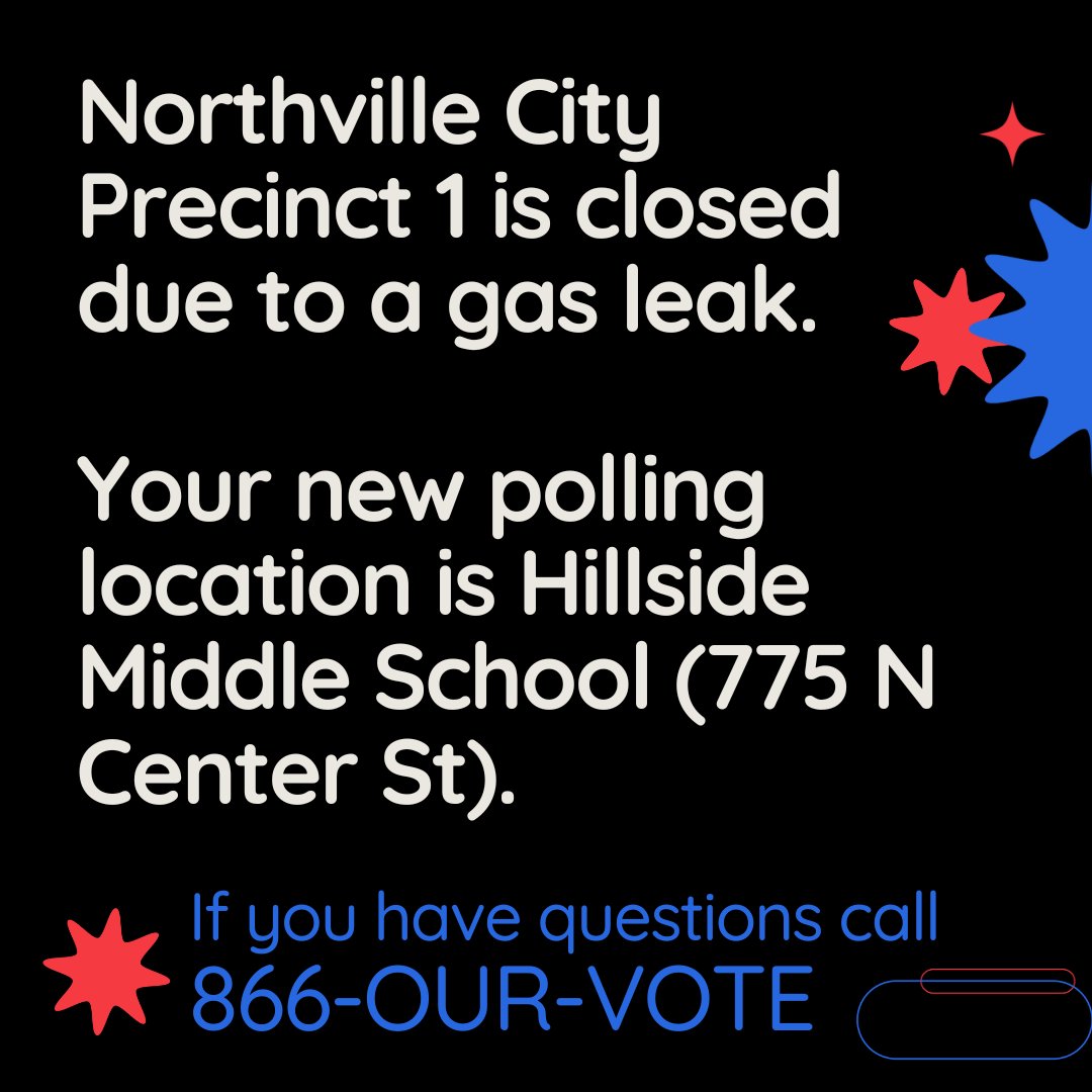 mippadvocates's tweet photo. 🚨 WAYNE COUNTY: The Community Center in Northville is closed for voting due to a gas leak. Voters should go to Northville City Hall or Hillside Middle School to vote. Questions/problems call/text the nonpartisan Election Protection Hotline (866) OUR-VOTE. #MIVoting https://t.co/59JzuY9m1J