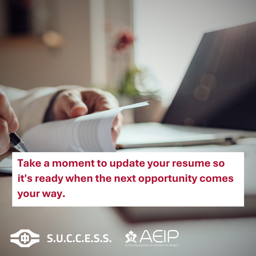 Having an updated resume is a key step of your job search. Keep it fresh by making updates as soon as new experiences happen!

For more support, connect with AEIP today at: aeipsuccess.ca

#aeipsuccess #PreArrivalService #JobSearch #Resume #ResumeWriting