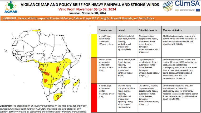 ACMAD_org's tweet photo. ℹ️5-Days #Heavyrainfall forecast (Nov 5-9,2024)
⛈️Heavy rainfall (100-150mm) is very likely in #EquatorialGuinea, #Gabon, #Congo, #DRC, #Angola, #Burundi, #Rwanda, and #SouthAfrica.
Details▶️https://t.co/9LiWsZm850
#Forecast #Multihazard #Africa https://t.co/51iXgP7S5K