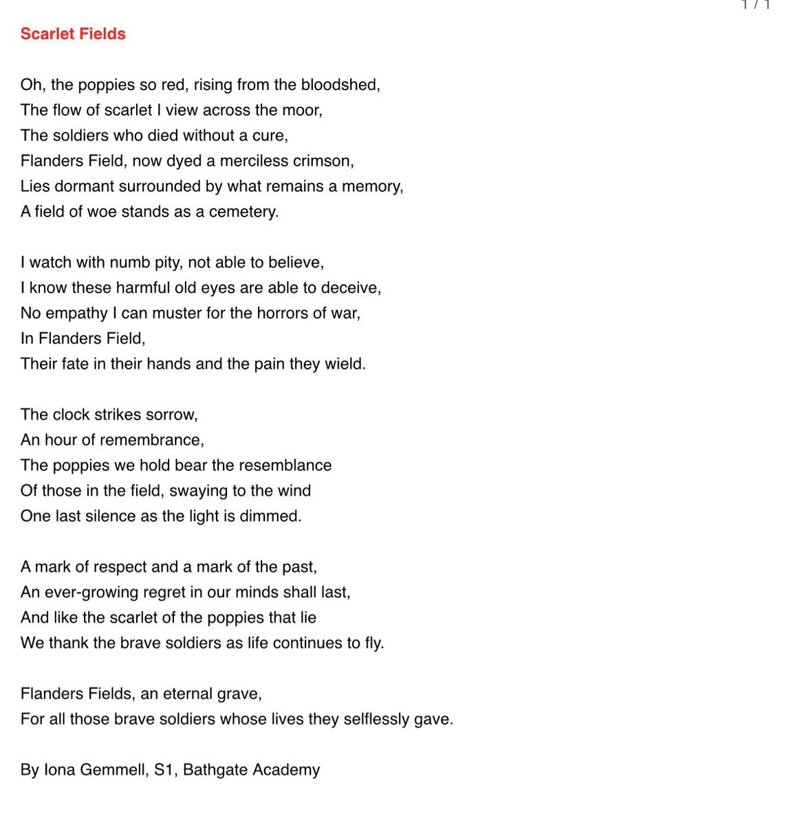 MsInnes2's tweet image. A beautiful poem written by Iona in S1 for Remembrance Day #ambition @BathgateARK @BathAcadNews