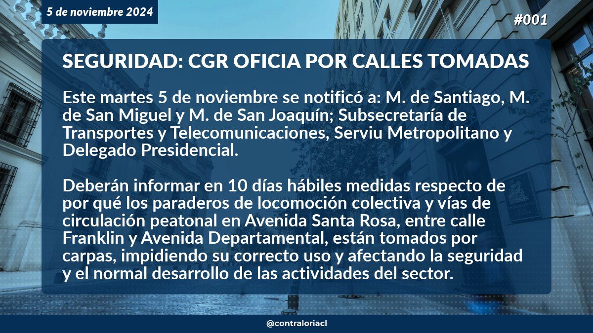 🔴AHORA | Oficiamos a tres municipios; a Subsecretaría de Transportes y Telecomunicaciones, Serviu Metropolitano y Delegado Presidencial para que informen sobre calles tomadas por carpas, afectando la seguridad.
Se otorgó 10 días hábiles para responder.
Ver más 👇