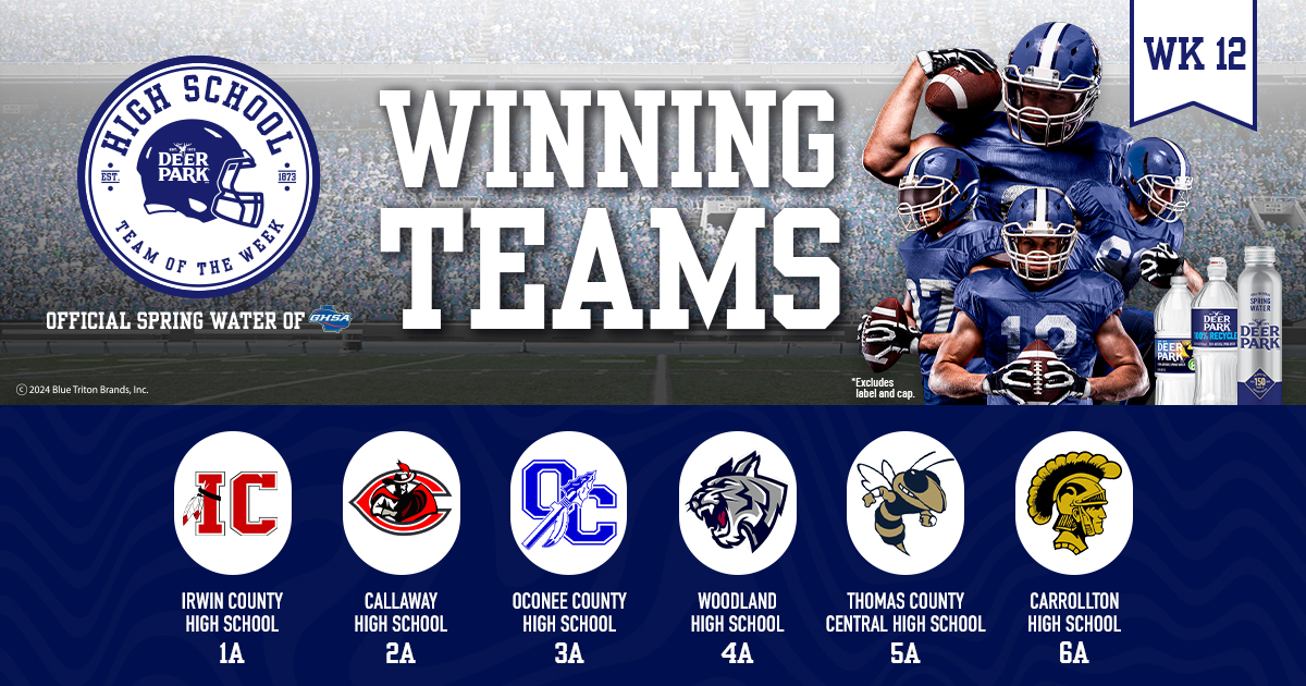 GHSA (@officialghsa) on Twitter photo Congratulations to Week 12 Deer Park Team of the Week winners! <a href="/DeerParkWtr/">Deer Park®</a>
👏📷
1A: <a href="/IrwinSchools/">Irwin County Schools</a>
2A: #CallawayHigh
3A: @OCfearTheSpear
4A: <a href="/WHSWildcatFB/">Woodland Wildcats Football</a>
5A: <a href="/WHSWildcatFB/">Woodland Wildcats Football</a>
6A: <a href="/CarrolltonTroj1/">Carrollton High School FB 🏈 Recruiting Page</a> Congratulations to Week 12 Deer Park Team of the Week winners! <a href="/DeerParkWtr/">Deer Park®</a>
👏📷
1A: <a href="/IrwinSchools/">Irwin County Schools</a>
2A: #CallawayHigh
3A: @OCfearTheSpear
4A: <a href="/WHSWildcatFB/">Woodland Wildcats Football</a>
5A: <a href="/WHSWildcatFB/">Woodland Wildcats Football</a>
6A: <a href="/CarrolltonTroj1/">Carrollton High School FB 🏈 Recruiting Page</a>