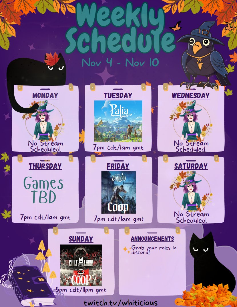 Whiticious (@whiticious) on Twitter photo Happy Election Day folks!
twitch.tv/whiticious  
Weekly schedule: Nov 4-Nov 10 
✨Mon Nov 4→No Stream
✨Tues Nov 5 @ 7pm→Palia
✨Wed Nov 6→No Stream
✨Thurs Nov 7 @ 7pm→Games! TBD
✨Fri Nov 8 @ 7pm→PZ Collab
✨Sat Nov 9→No Stream
✨Sun Nov 10 @ 2pm→Cult of Lamb Collab Happy Election Day folks!
twitch.tv/whiticious  
Weekly schedule: Nov 4-Nov 10 
✨Mon Nov 4→No Stream
✨Tues Nov 5 @ 7pm→Palia
✨Wed Nov 6→No Stream
✨Thurs Nov 7 @ 7pm→Games! TBD
✨Fri Nov 8 @ 7pm→PZ Collab
✨Sat Nov 9→No Stream
✨Sun Nov 10 @ 2pm→Cult of Lamb Collab