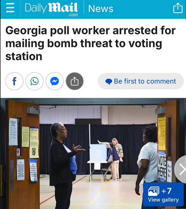 ThomasPaineBand's tweet photo. ๐จ BREAKING: Georgia's Election Integrity Under Siege!
In a shocking twist that could only happen in the wild world of American elections, a Georgia poll worker, Nicholas Wimbish, has been arrested for allegedly mailing a bomb threat to his own voting station! The kicker? He tried to frame a voter he had a spat with!
Here's how the tale unfolded:
On October 16, Wimbish, while serving as a poll worker, got into a heated exchange with a voter. Not the best day at the office, eh?
Fueled by what must have been an ego as fragile as a Fabergรฉ egg, Wimbish decided to concoct a revenge plot straight out of a B-movie script. He mailed a threatening letter to the Jones County Elections Superintendent, claiming to be that very same voter he argued with.
This letter wasn't just any old threat; it was a masterpiece of paranoia, warning of "boom toys" and ensuring everyone should "look over their shoulder." Talk about taking election drama to a new level!
The plot thickened when Wimbish got charged with not only mailing the bomb threat but also for lying to the FBI. Apparently, honesty isn't the best policy when you're trying to frame someone.
This incident comes at a time when election security is tighter than ever, with fears of voter intimidation rampant among those who believe in the sanctity of a fair vote. The irony? Here's a poll worker, who should be protecting the vote, essentially turning into the very villain he's supposed to guard against.
Folks, if this doesn't scream "Protect Election Integrity," what does? Share this post if you believe in elections free from such theatrics!