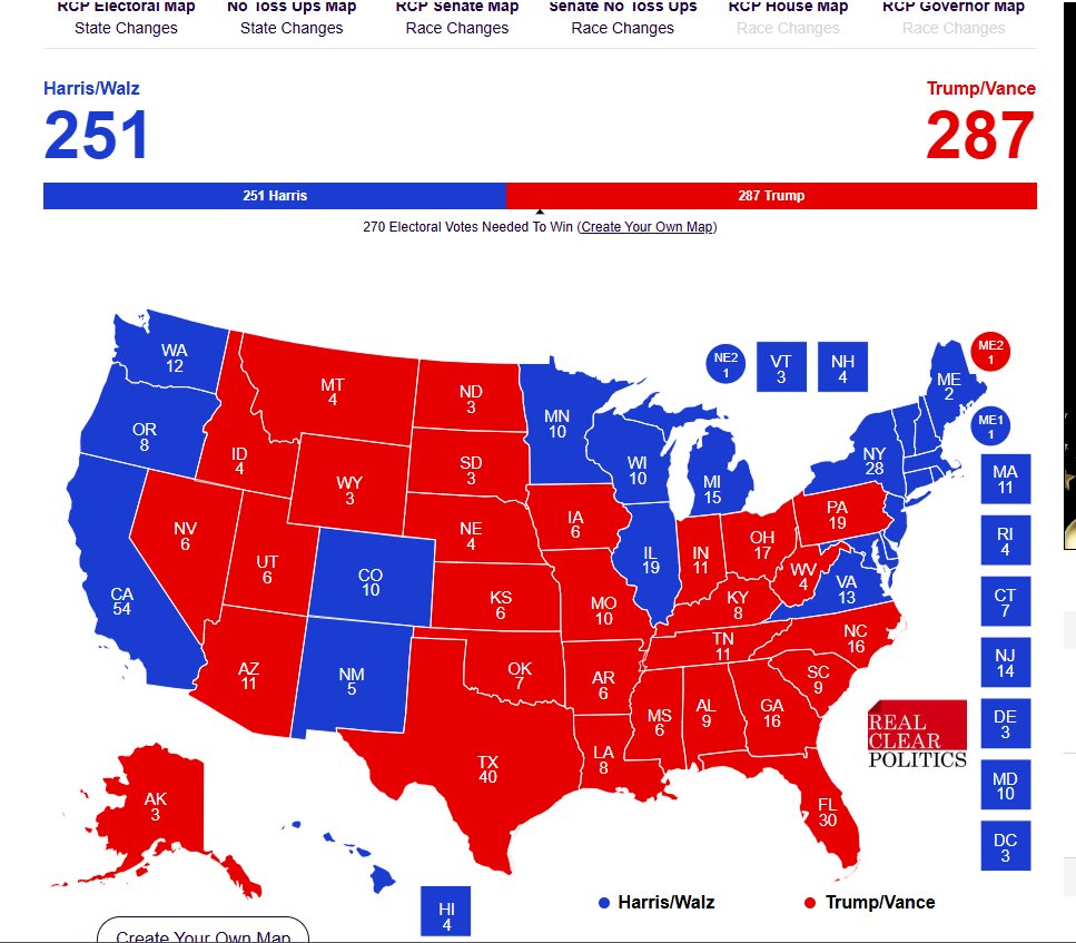 wheelingice's tweet photo. This is the prediction map from RealClearPolling.  If I had to bet money, this seems like the most likely outcome. https://t.co/1YpFBm0Uiy