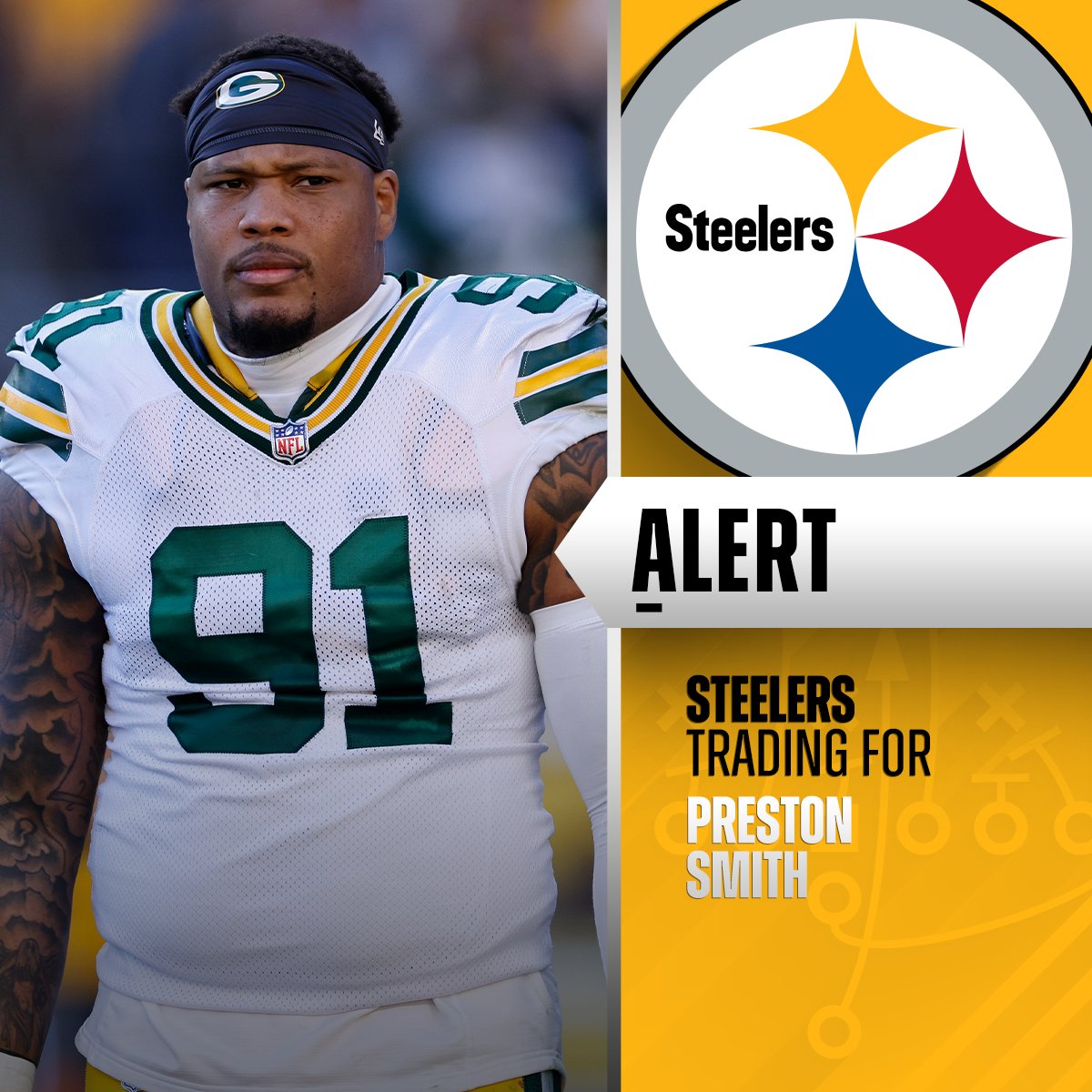 NFL's tweet image. Packers trading pass rusher Preston Smith to Steelers. (via @RapSheet + @TomPelissero)