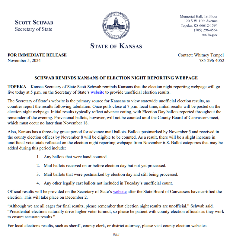 Release: Schwab Reminds Kansans Of Election Night Reporting Webpage #kselections #USElection2024 #ElectionDay #ksleg