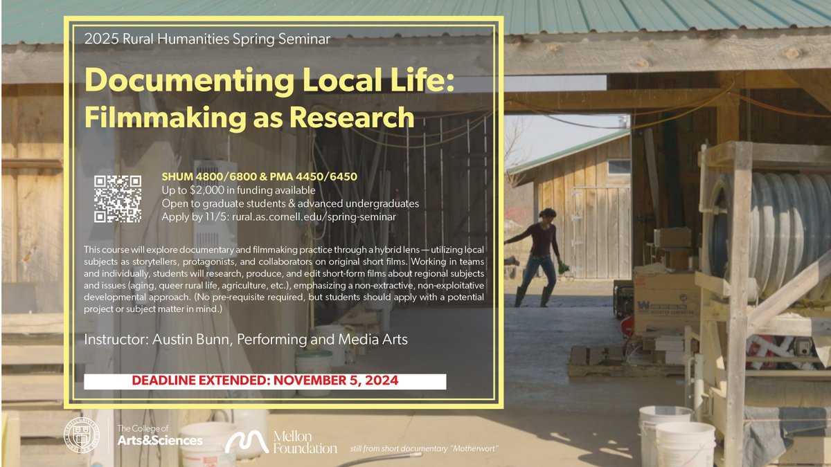 ruralhumanities's tweet photo. DEADLINE TODAY, 11/5! Spring 2025 Rural Humanities Spring Seminar SHUM 4800/ 6800 &amp; PMA 4450/6450 Apply today: https://t.co/GrUf2gOXi8
@CornellPMA
@sochum https://t.co/iTZX9JwwPx