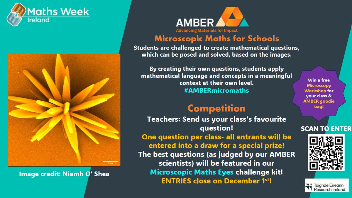 ambercentre's tweet image. Science Week is just around the corner &amp;amp; we have an exciting Microscopic Maths for Schools Competition

Students are challenged to create mathematical questions based on SEM images taken in AMBER 

#iusemaths #AMBERmicromaths 

Details 👇

ambercentre.ie/microscopic-ma…