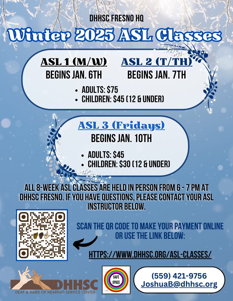 DHHSCtweets's tweet image. *ASL CLASSES IN JANUARY 2025 FOR ALL AGES!*
Full message: instagram.com/p/DCAG3KiBqzQ/
#DHHSC #FresnoHeadquarters #ASLClasses #ASL #AmericanSignLanguage #Learning #Skill #Classes