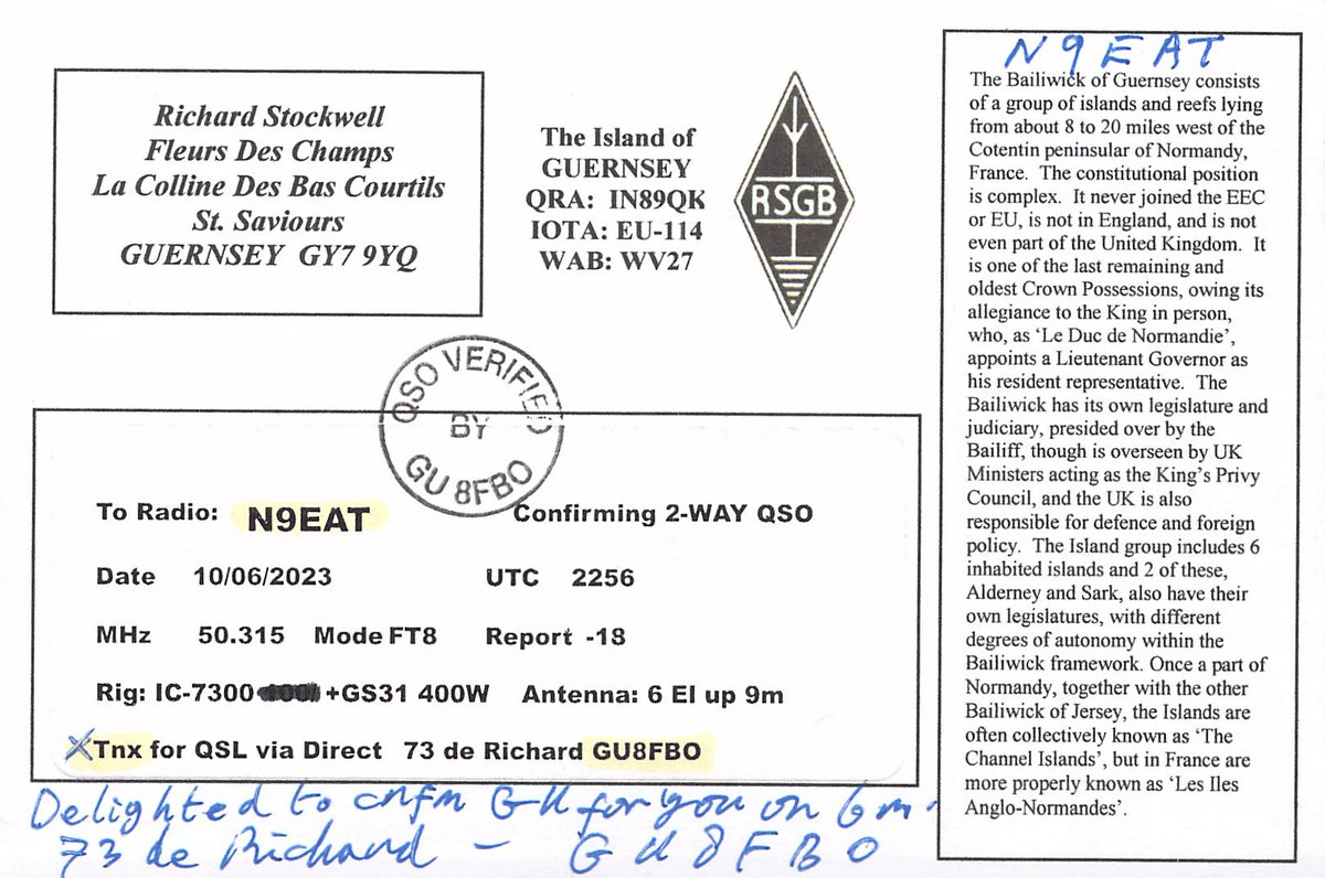 Got a nice #QSL card in the mail from GU8FBO the other day, pleased to have Guernsey confirmed on six meters. #hamr #50mhz